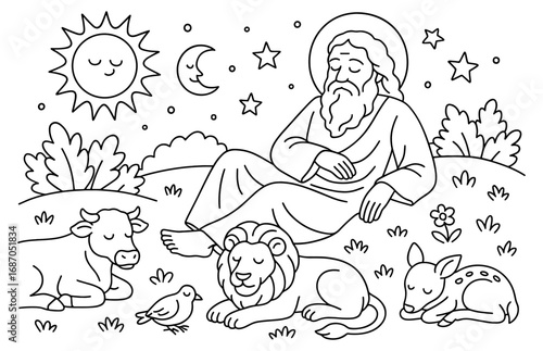 Creator's day of rest with peaceful animals and nature scene for tranquil design use