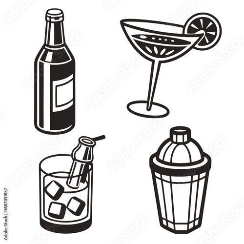 Black and white beverage icons bottle cocktail glass