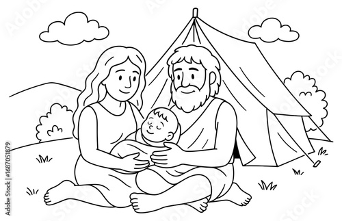 Pastoral family scene with baby and tent in nature