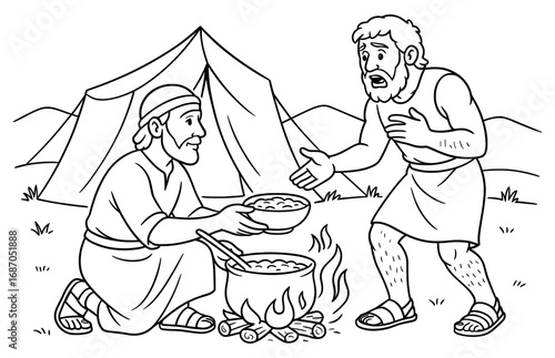 Esau sells birthright scene with tent and cooking pot for storytelling and educational use