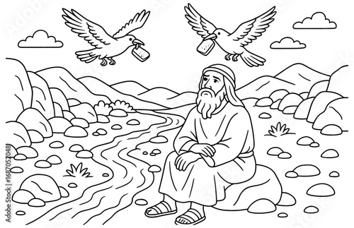 Biblical scene of elijah fed by ravens in serene desert landscape for religious coloring book