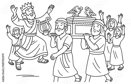 Joyful celebration with king and ark of the covenant for religious coloring design