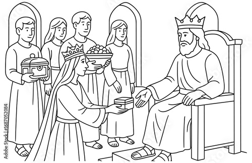 Meeting of solomon and queen of sheba in historic royal court scene for educational materials