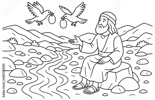 Biblical scene of elijah being fed by ravens in serene mountain setting