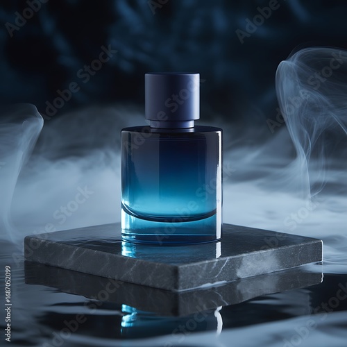 Elegant blue perfume bottle on a marble stand surrounded by smoke effect