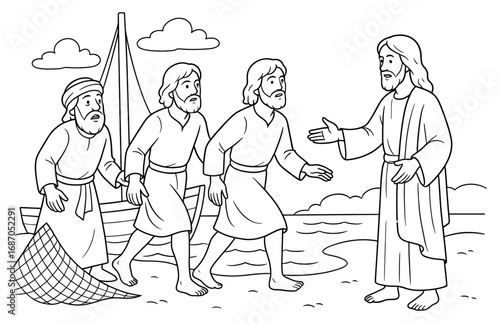 Biblical scene of jesus calling fishermen by the sea for religious education and coloring activities