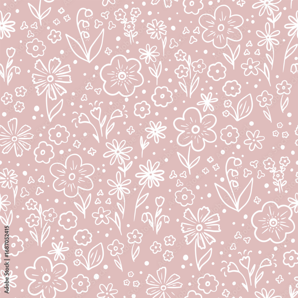 Fototapeta premium Seamless floral pattern, rustic flowers print with cute spring botany on pink