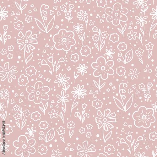 Seamless floral pattern, rustic flowers print with cute spring botany on pink