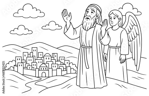 Biblical scene of abraham praying for sodom with angelic figure and cityscape in background