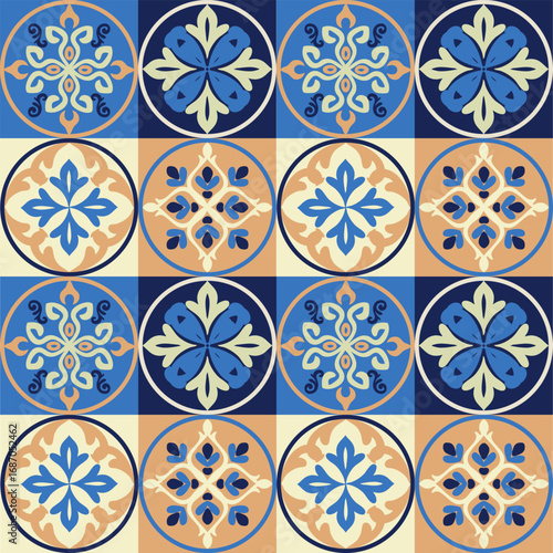 Seamless pattern with decorative tiles in blue, beige, and yellow colors. Design a damask pattern for wallpaper, rugs, curtains, textiles, ceramic pottery, and Turkish tiles.