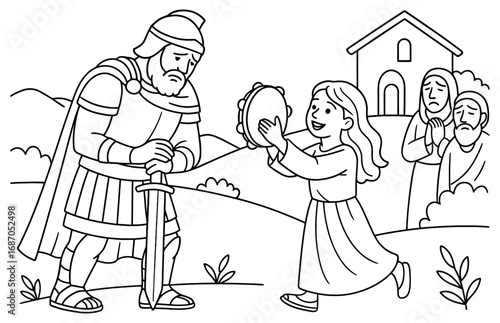 Jephthah's sorrowful reunion with daughter in biblical scene for religious education