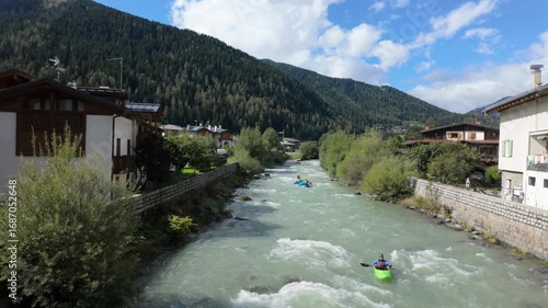 Rafting along Noce river in Val di Sole, Trentino, Italy.