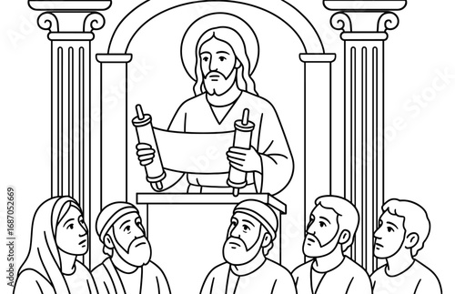 Biblical scene of jesus teaching in synagogue for educational and religious use