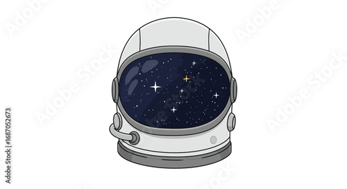 Astronaut helmet reflecting starry galaxy and distant planets