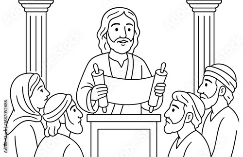 Jesus teaching in synagogue scene for educational and religious use