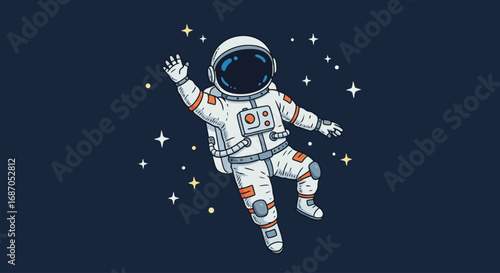Cheerful astronaut waving while gracefully floating through a star-filled galaxy