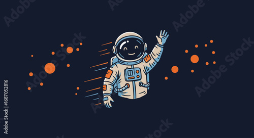 Friendly astronaut waving hello amidst a galaxy of stars