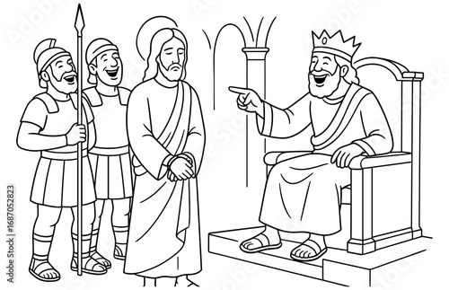Biblical scene of jesus before herod with roman soldiers