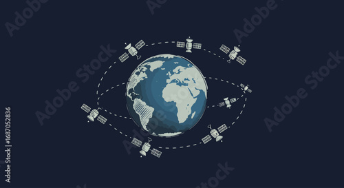 Futuristic global satellite communication network orbiting the planet Earth