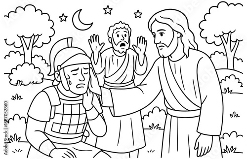 Jesus healing the soldier in a biblical scene under night sky