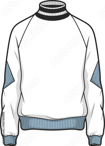 CAD drawing flat vector illustration of stylish sweatshirt with ribbed cuffs and hem, contrasting elbow patches, high collar, sporty casual wear