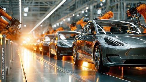 Modern Electric Vehicle Production Line with Robotic Automation