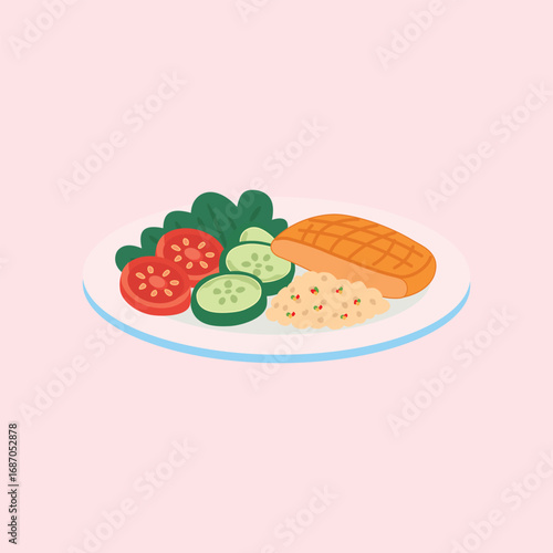 Healthy food illustration containing grilled salmon, fresh vegetables, tomatoes, cucumbers, and rice in a minimalist flat design style on a white plate.