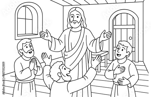 Resurrected jesus appears to disciples in joyful reunion scene for religious education