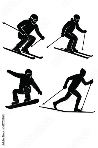  Skiing Duo: Cross-Country and Snowboard Silhouettes