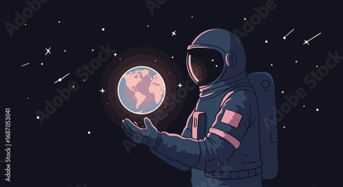 Astronaut Holding the Earth in Space Amidst Falling Stars