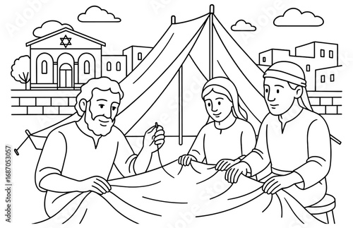Historical scene depicting paul tentmaking for religious education design