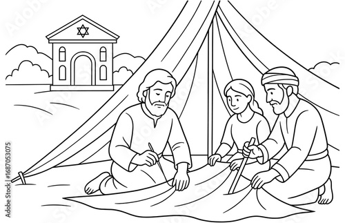 Biblical scene of paul tentmaking with companions for spiritual education design