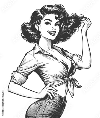 glamorous pin up woman with curly hair, tied shirt, and confident pose, exuding charm and style sketch engraving generative ai fictional character vector illustration. Scratch board. Black and white.