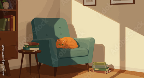 Cozy Cat Nap An Orange Cat Resting in an Armchair with Books