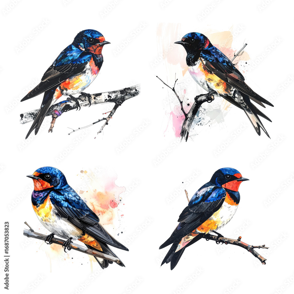 Obraz premium A set of four colorful, mixed-media illustrations depicting swallows perched on branches. Birds.