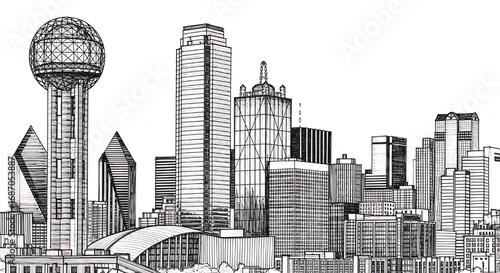 Sketch of the Dallas, Texas skyline with the iconic Reunion Tower. A detailed hand-drawn vector illustration of the dynamic cityscape.