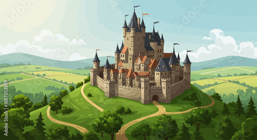 Majestic Castle on a Lush Hillside with Rolling Green Hills