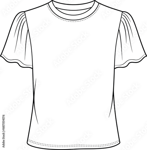 CAD drawing flat vector illustration of women’s flutter sleeve top, round neck, minimal style, front view, fashion design sketch