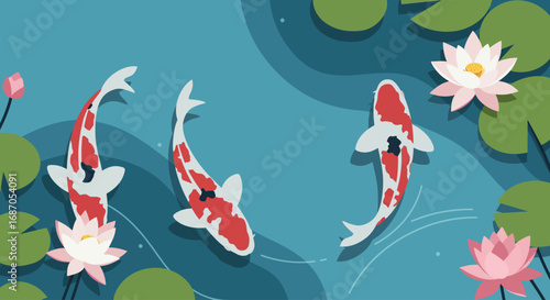 Vibrant Koi Fish and Lotus Flowers in a Tranquil Pond Flat Illustration