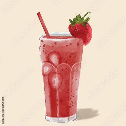 Refreshing Strawberry Juice with Ice and Whole Strawberry Garnish – Watercolor Illustration