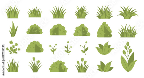 Greenery Vector Set Grass Bushes Herbs and Plant Elements