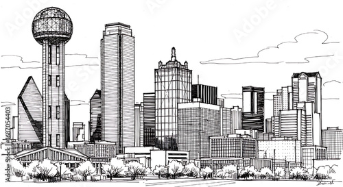 Sketch of the Dallas, Texas skyline with the iconic Reunion Tower. A detailed hand-drawn vector illustration of the dynamic cityscape.