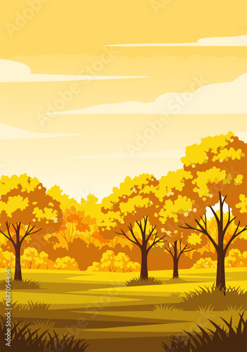 Golden Autumn Landscape with Trees and Yellow Foliage Under a Cloudy Sky, Serene Natural Scenery