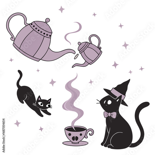 a group of cats and teapots
