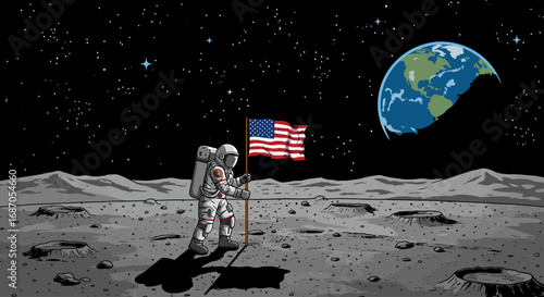 Astronaut plants flag on moon with earth in background