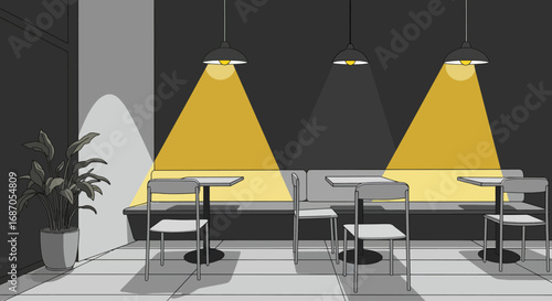 Cafe interior with illuminated tables and chairs