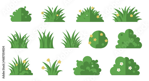 Vector Grass Tufts and Bushes Flat Cartoon Style Greenery