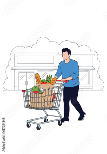 Man pushing a grocery cart filled with food items outside a store