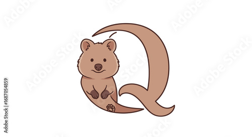 Adorable Cartoon Quokka Sitting Next to a Large Letter Q.