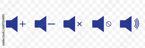 Speaker and Volume Control Icon Set – Sound On, Mute, and Audio Level Symbols for Media Player, App UI, and Web Interface – Vector and Transparent PNG
